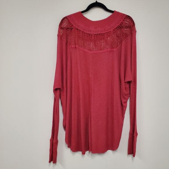 Free People Top Medium Red Thermal Waffle Knit Whimsygoth Vampire Lace Romantic - Picture 2 of 7